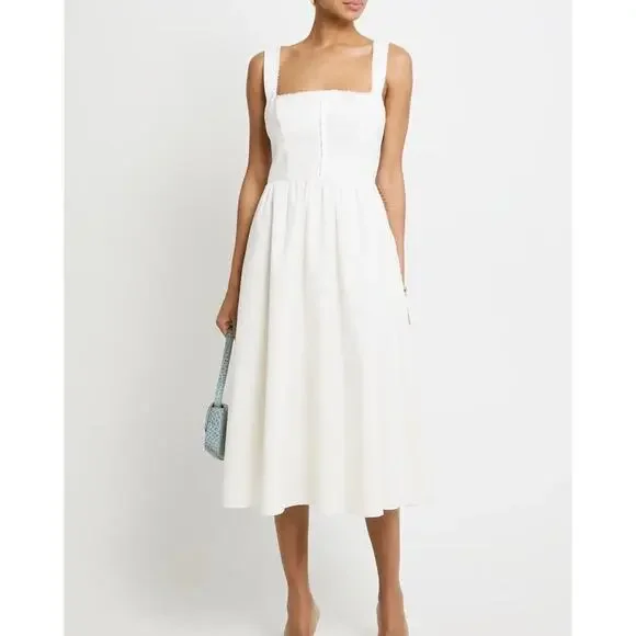 o.p.t Marina White Linen Midi Dress – Fitted Bodice w/ Lace Trim, Size 2 - Picture 2 of 10